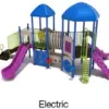 Electric Color Scheme: Posts- Cobalt Blue; Roofs- Pacific Blue; Rails- Lime Green; Slides/Climbers- Plum; Panels- Beige
