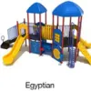 Egyptian Color Scheme: Posts- Brick Red; Rails- Cobalt Blue; Roofs/Panels- Pacific Blue; Slides/Climbers- Sunglow Yellow