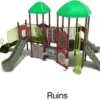 Ruins Color Scheme: Posts- Brown; Rails- Lime Green; Roofs- Primary Green; Panels- Brick Red; Climbers/Slides- Mossy Stone