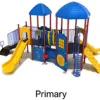 Primary Color Scheme: Posts- Brick Red; Rails- Cobalt Blue; Roofs/Panels- Pacific Blue; Climbers/Slides- Sunglow Yellow; Tubes/Bridge- Pacific Blue & Sunglow Yellow