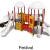 Festival Color Scheme l: Posts- Brick Red; Rails- White; Roofs/Slides/Climbers- Granite; Panels- Sunglow Yellow